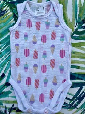 Uniqlo White Sleeveless Baby Bodysuit with Pink, Purple & Yellow Ice Cream Print